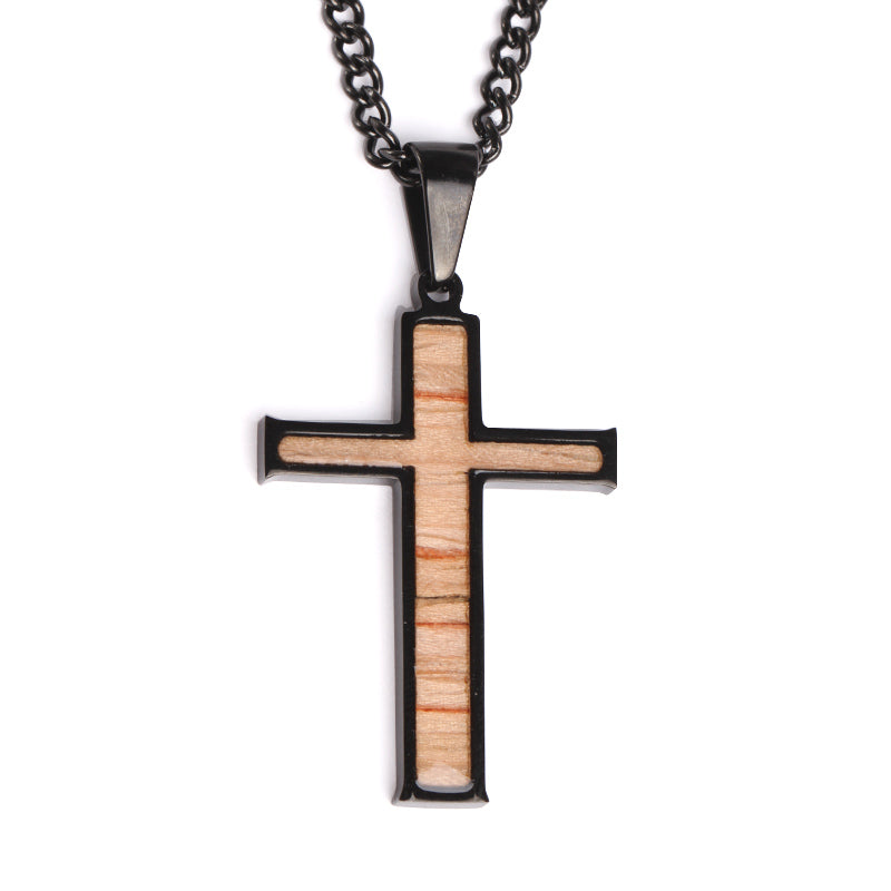 Black Stainless Stitched Bat Wood Inlay Cross Pendant and Chain (FREE SHIPPING)