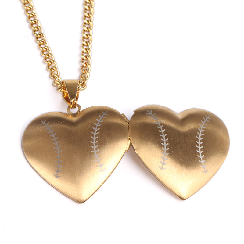 Golden Stainless Baseball Heart Locket and Chain (FREE SHIPPING)