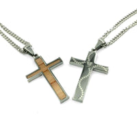 Stainless Stitched Bat Wood Inlay Cross Pendant and Chain