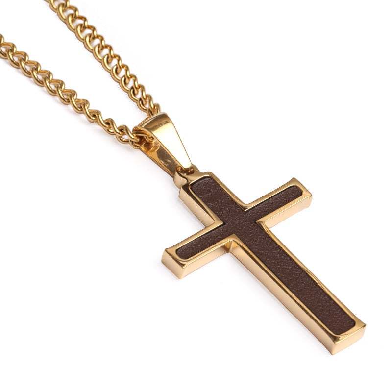 Golden Baseball Glove Leather Inlay Cross and Chain