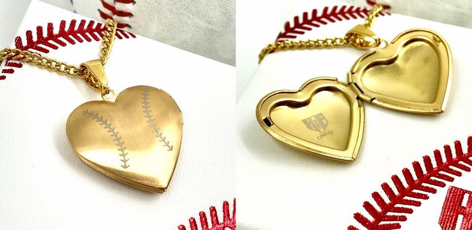 Golden Stainless Baseball Heart Locket and Chain (FREE SHIPPING)
