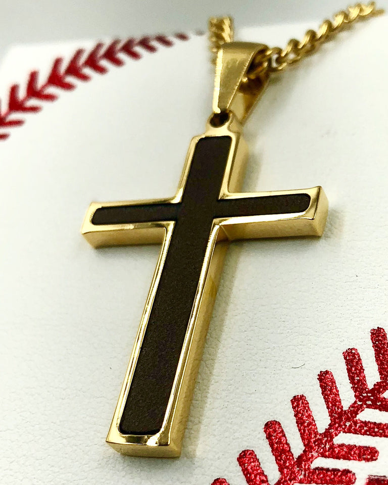 Golden Baseball Glove Leather Inlay Cross and Chain