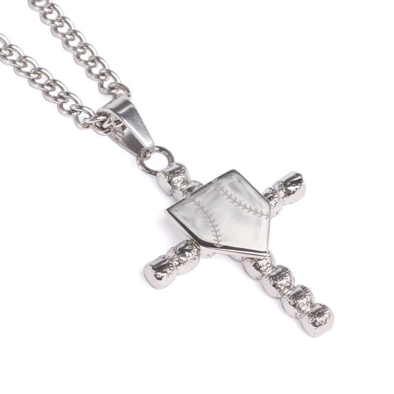 Stainless Baseball Cross with Home Plate Pendant and Chain (FREE SHIPPING)